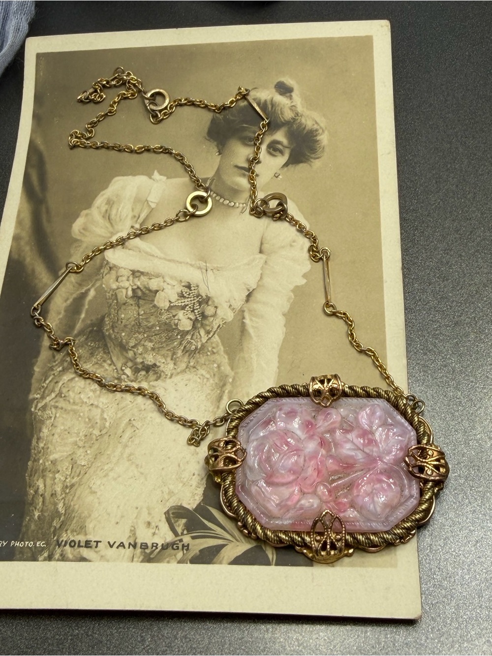Antique Czech Glass  Pink and Gold Floral Pendant Necklace #3AN